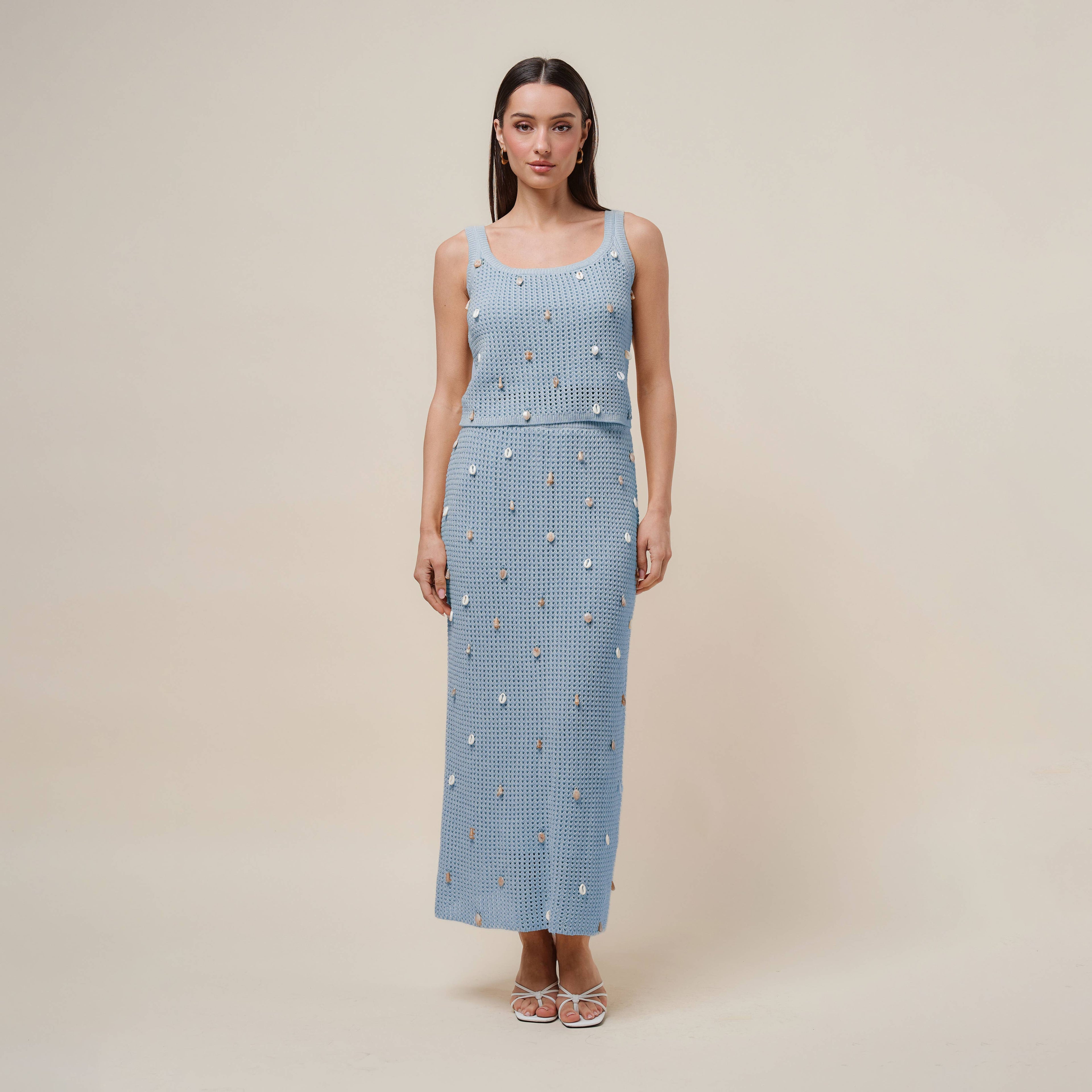 AS2986 Shell embellished knit top & skirt set