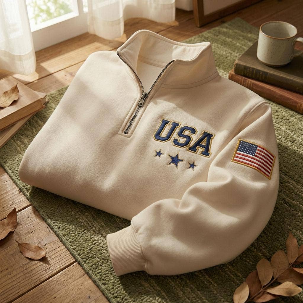 Embroidered USA Quarter-Zip Sweatshirt, Retro American