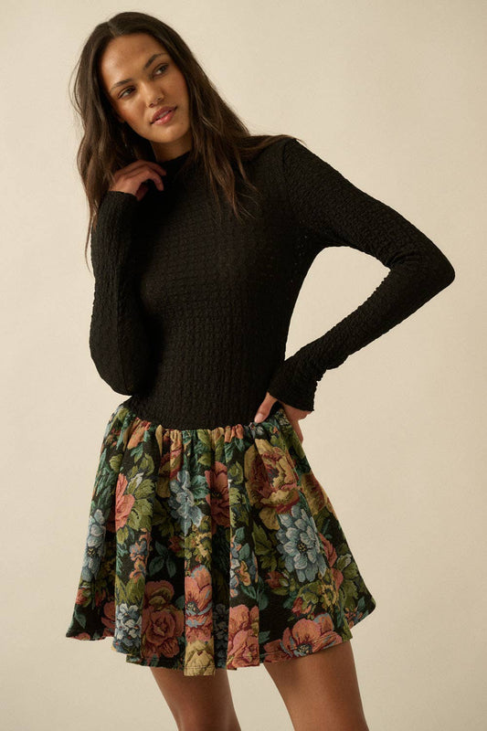 Textured Knit Floral Tapestry Bubble Mini Dress