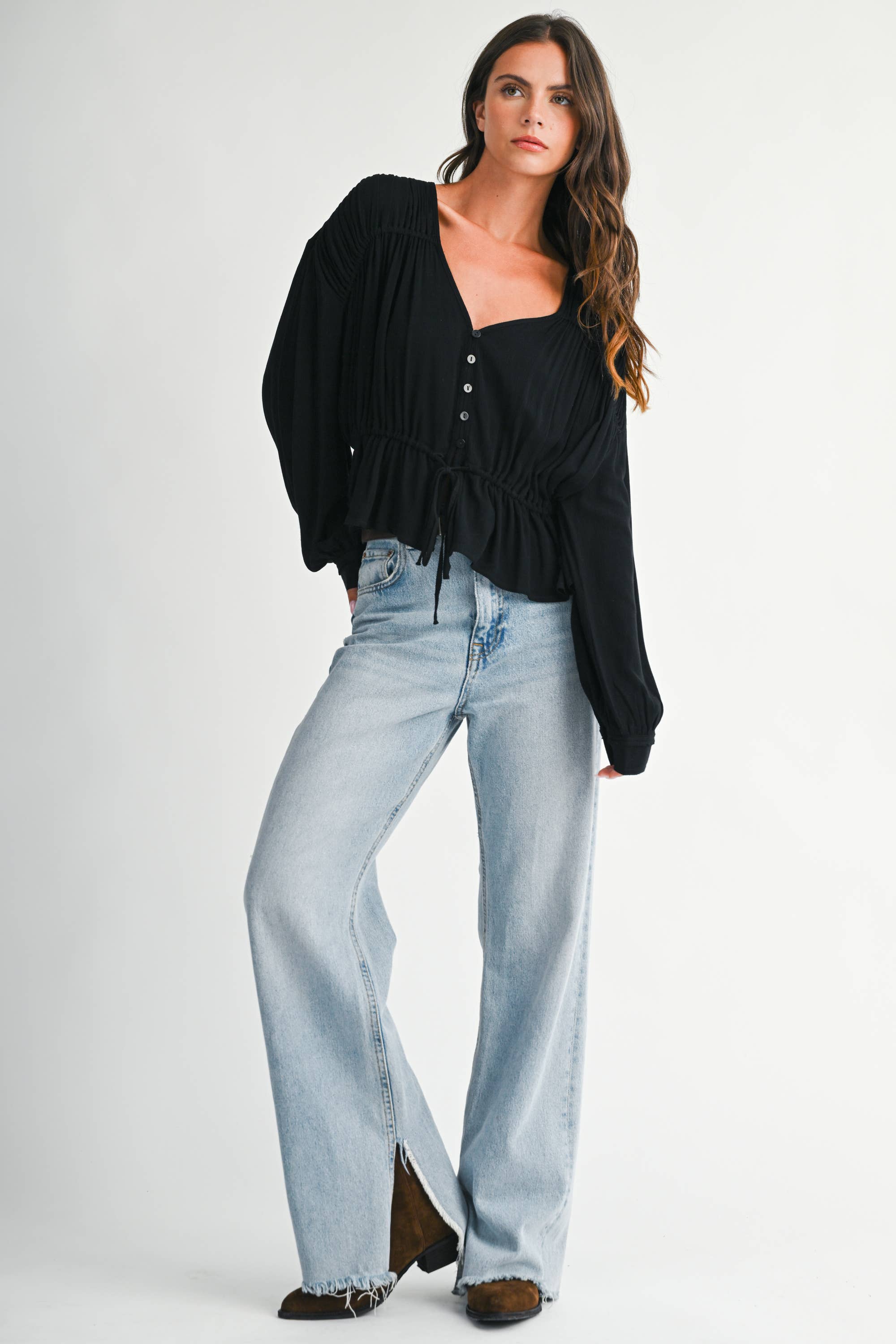 Textured Button Front Peplum Blouse