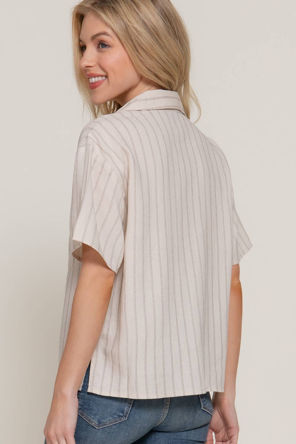Short Dolman Sleeve Button Down Stripe Linen Shirt