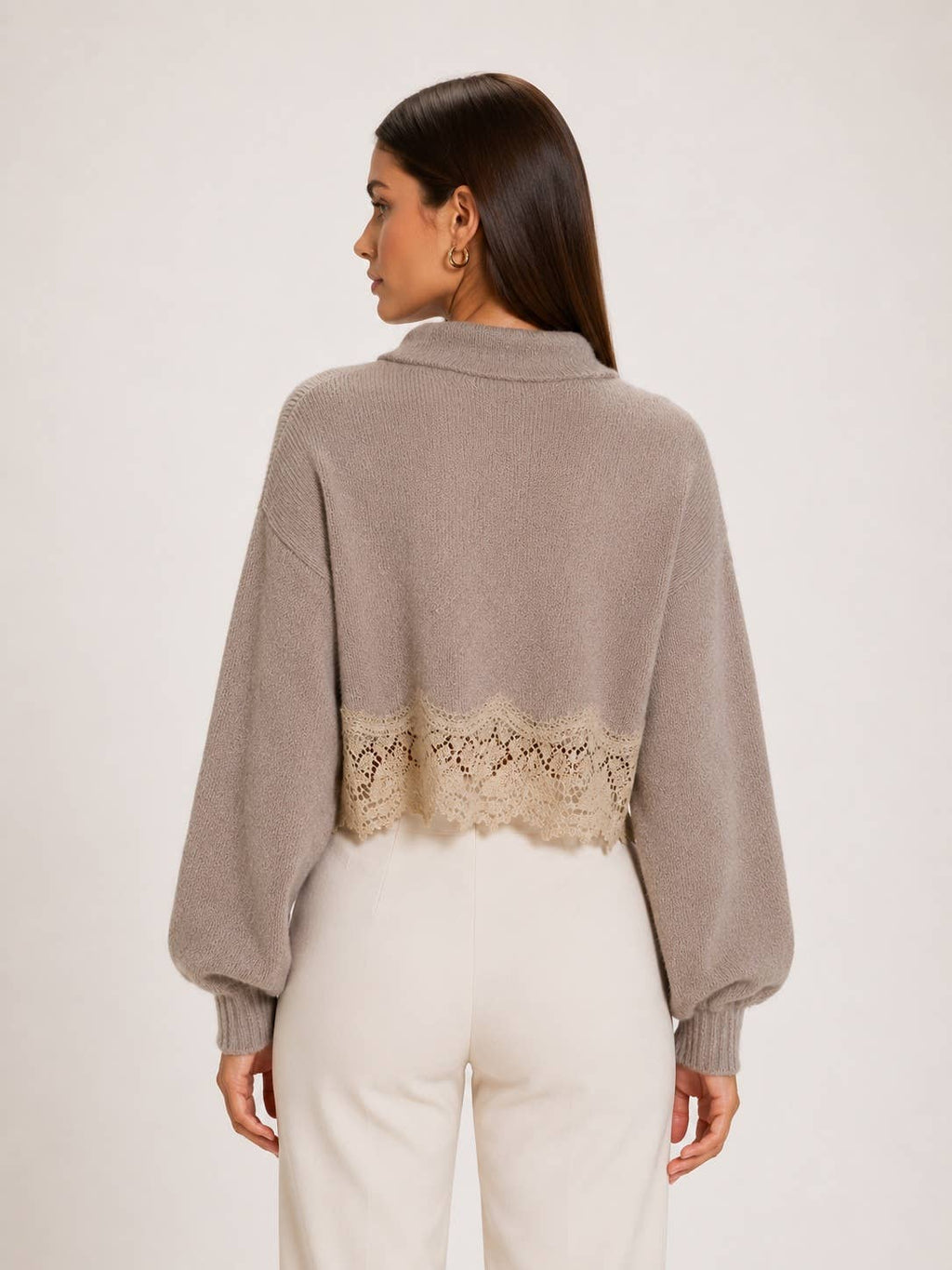 TAUPE CROP LONG SLEEVE SWEATER WITH LACE HEM - TI7639FO