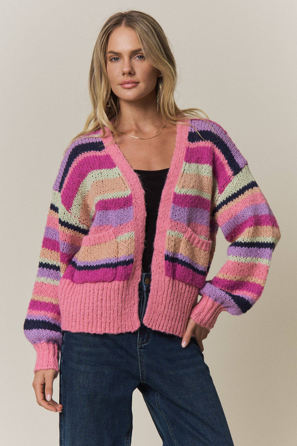 VIBRANT STRIPED COLOR BLOCK CARDIGAN