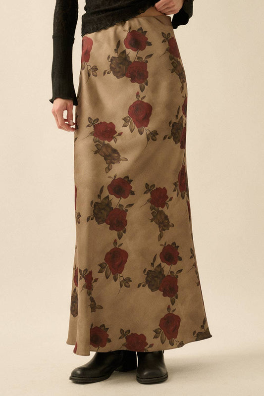 Floral-Print Satin Elastic-Waist Maxi Skirt