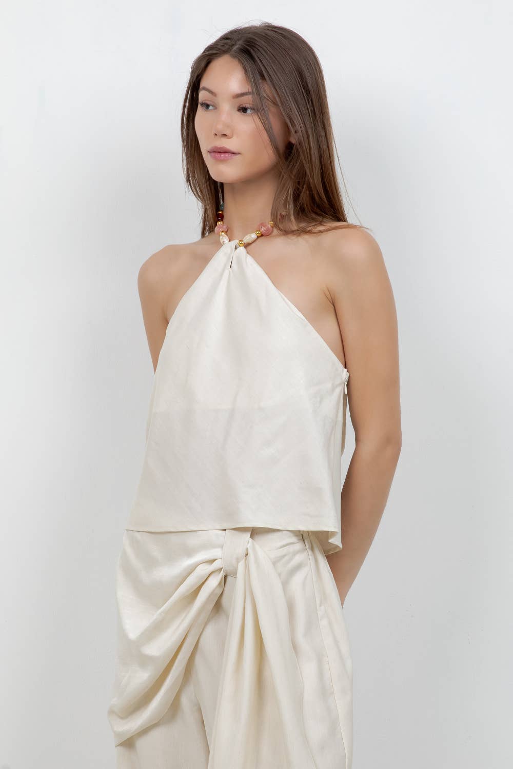 SOFT WOVEN HALTER TOP WITH BEAD ACCENT