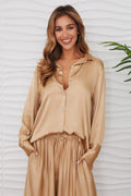 SILKY BUTTON DOWN LONG SLEEVE TOP (11506-CHAMPGNE)