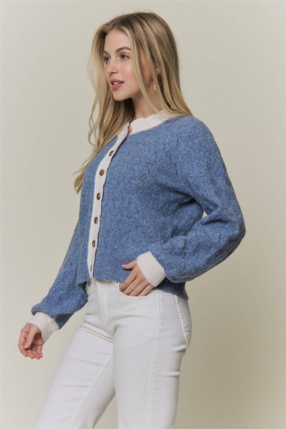 CONTRAST SCALLOP TRIM SWEATER CARDIGAN