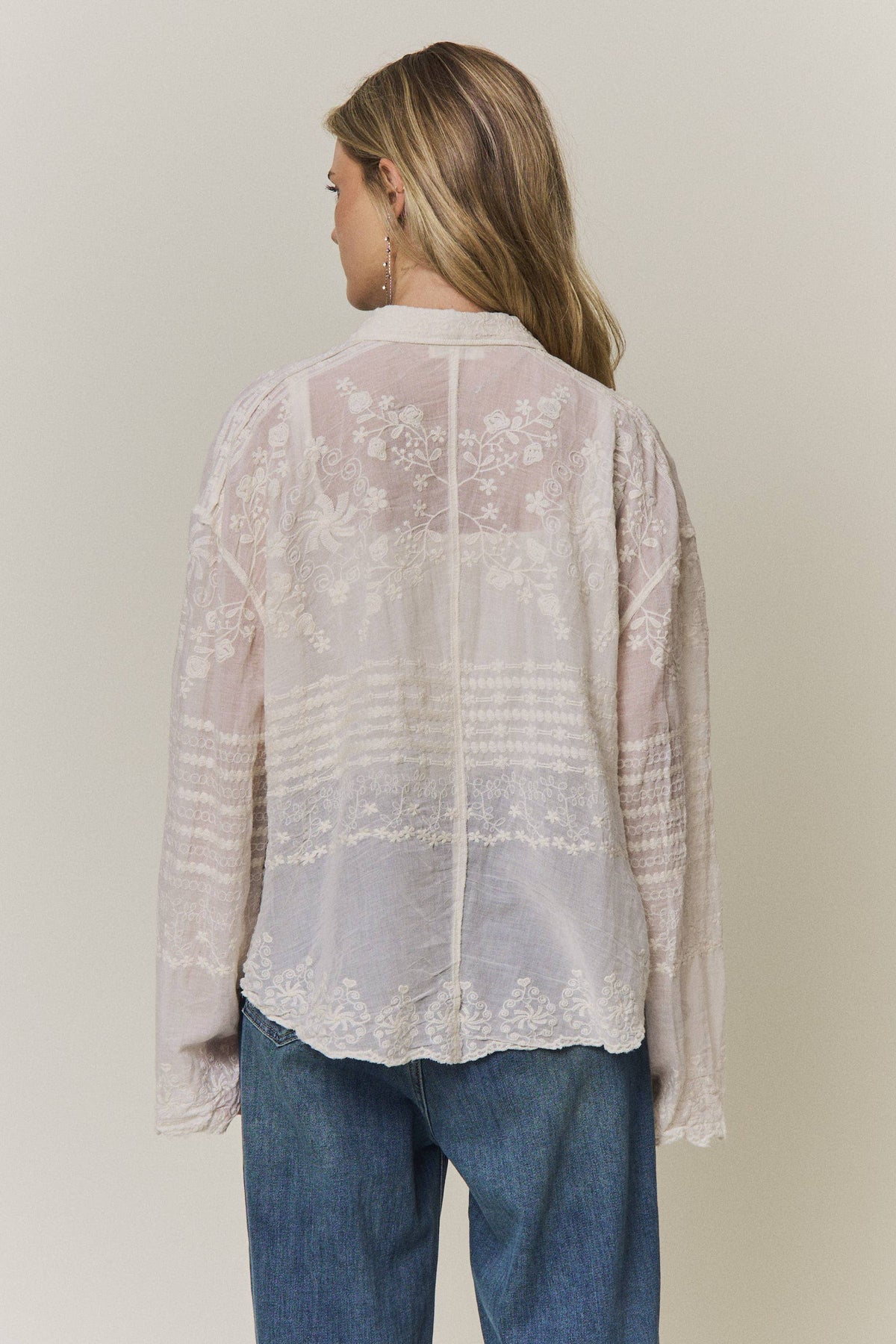 EMBROIDERED SHEER BUTTON-DOWN BLOUSE- CET4525