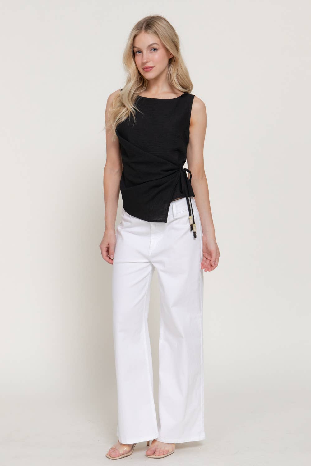 Sleeveless Boat Neck Top with Asymmetrical Hemline