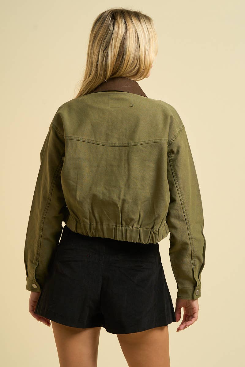 2757-Cropped Utility Jacket with Contrast Collar