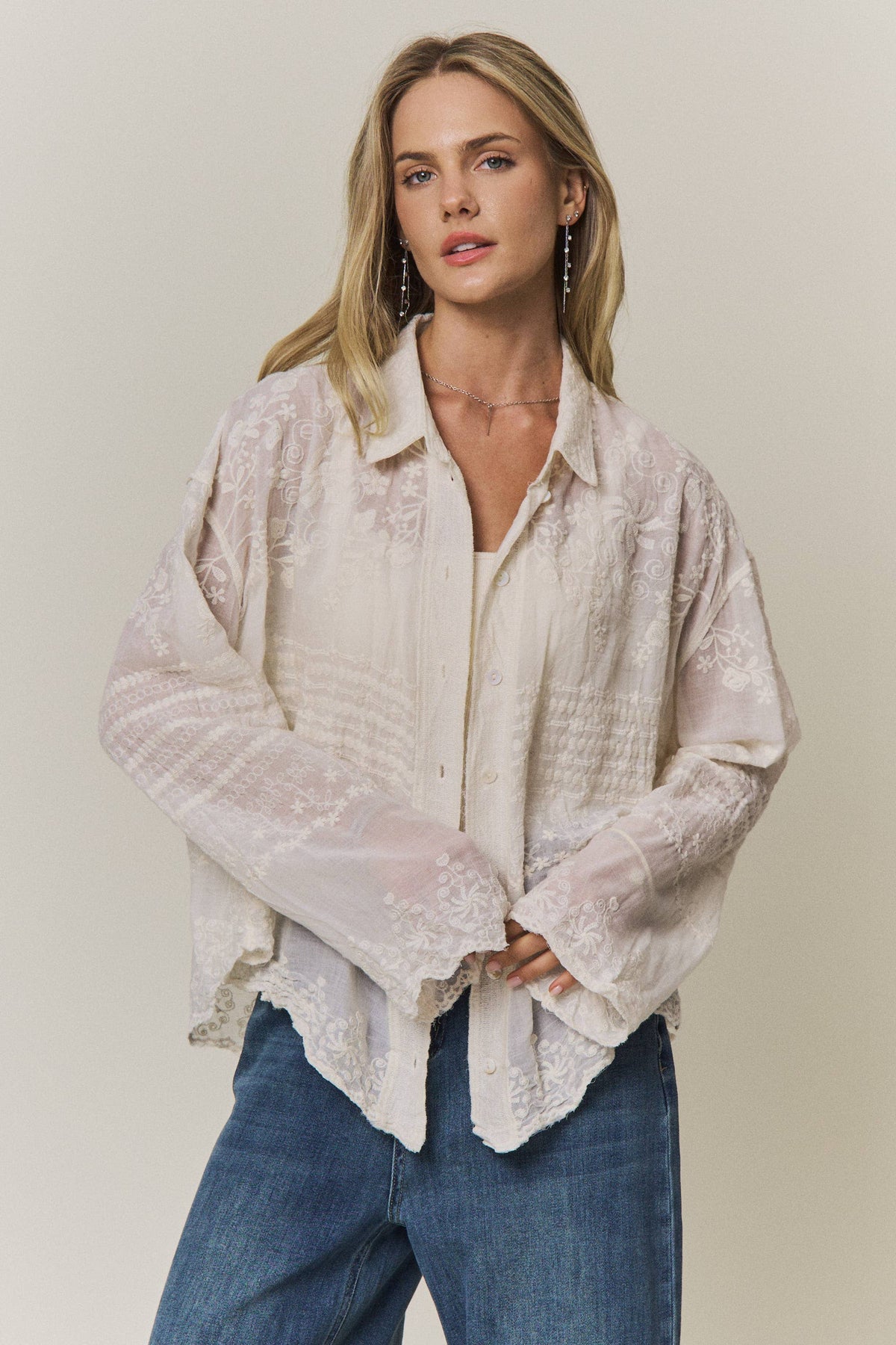 EMBROIDERED SHEER BUTTON-DOWN BLOUSE- CET4525