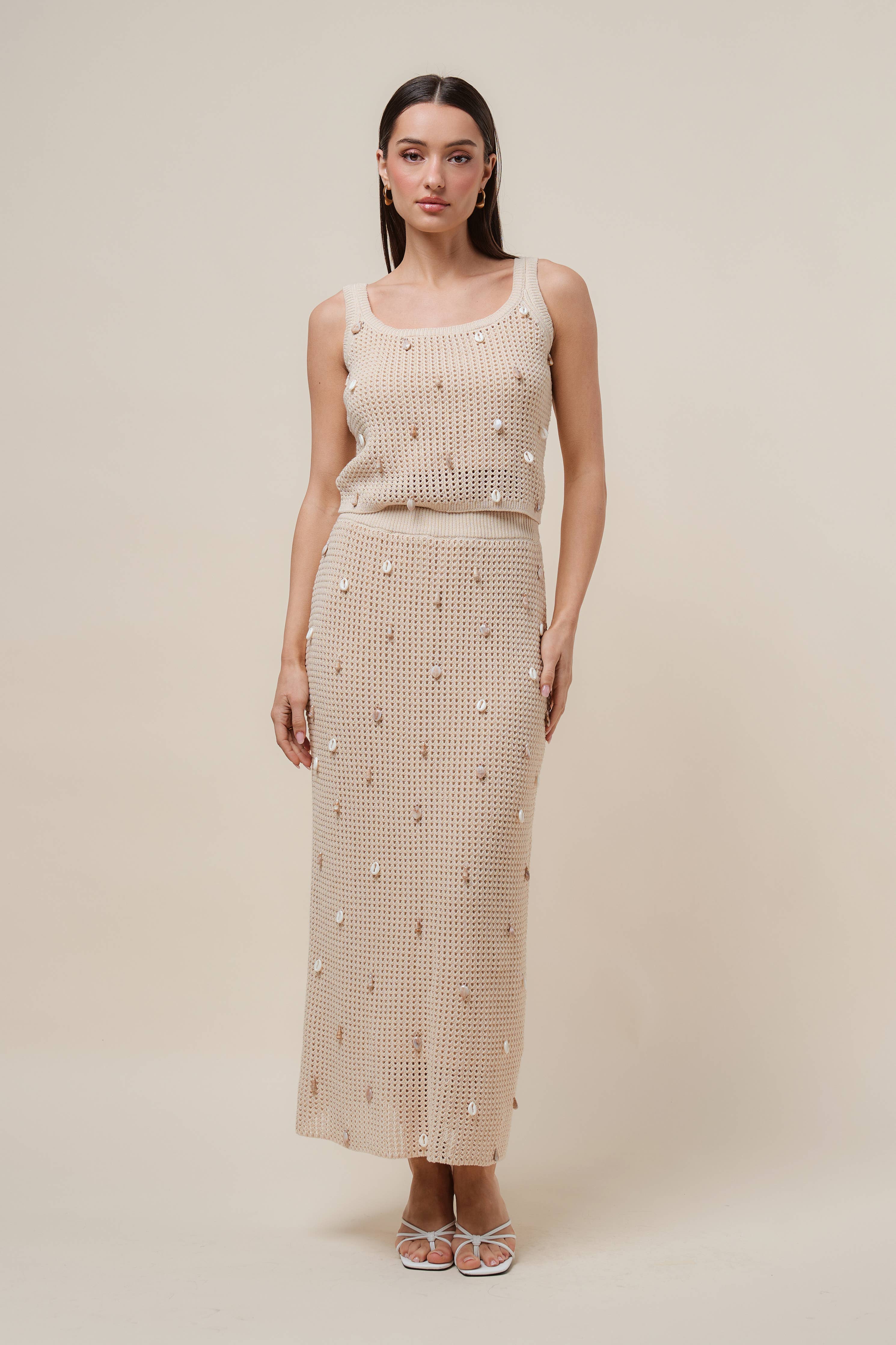 AS2986 Shell embellished knit top & skirt set