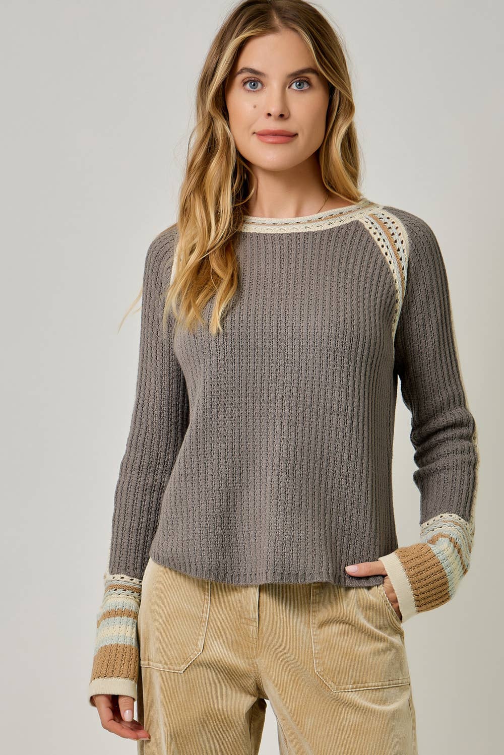 61199 Raglan Sleeve Trim Detail Sweater Top