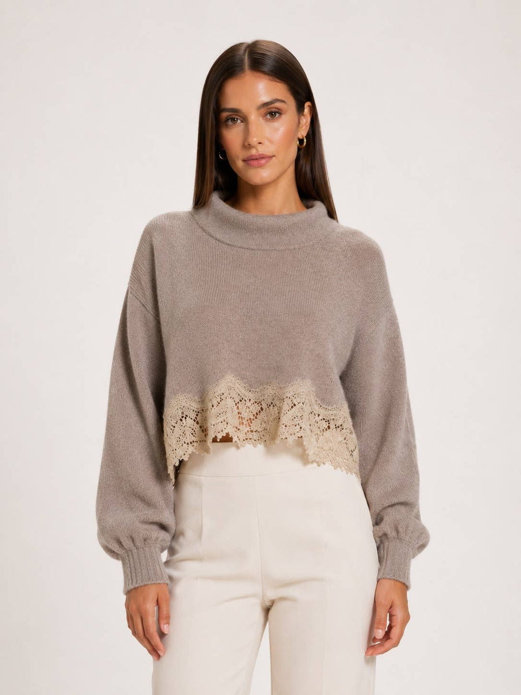 TAUPE CROP LONG SLEEVE SWEATER WITH LACE HEM - TI7639FO