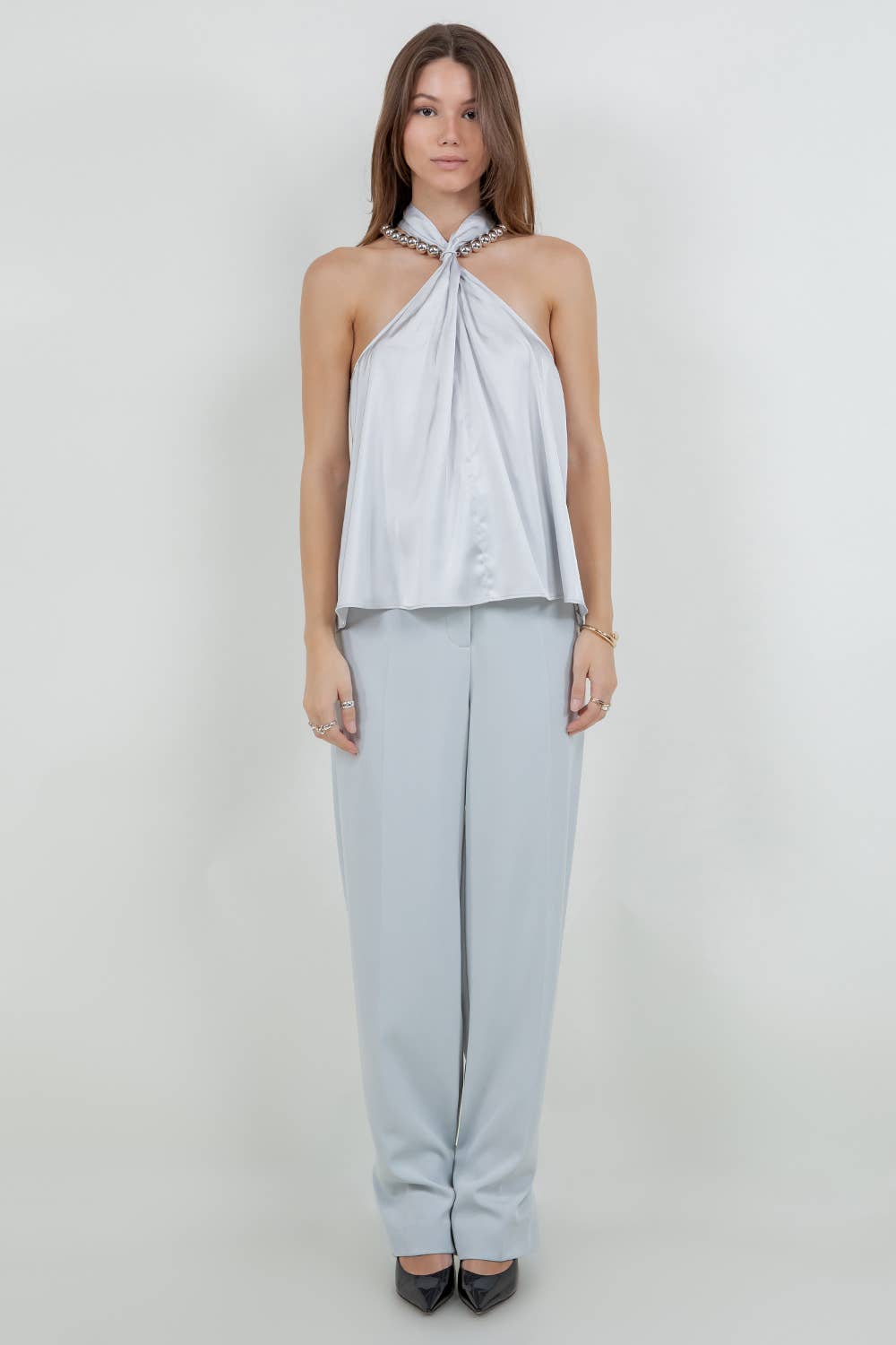 HALTER NECK SATIN TANK TOP WITH METALLIC SILVER BEADING