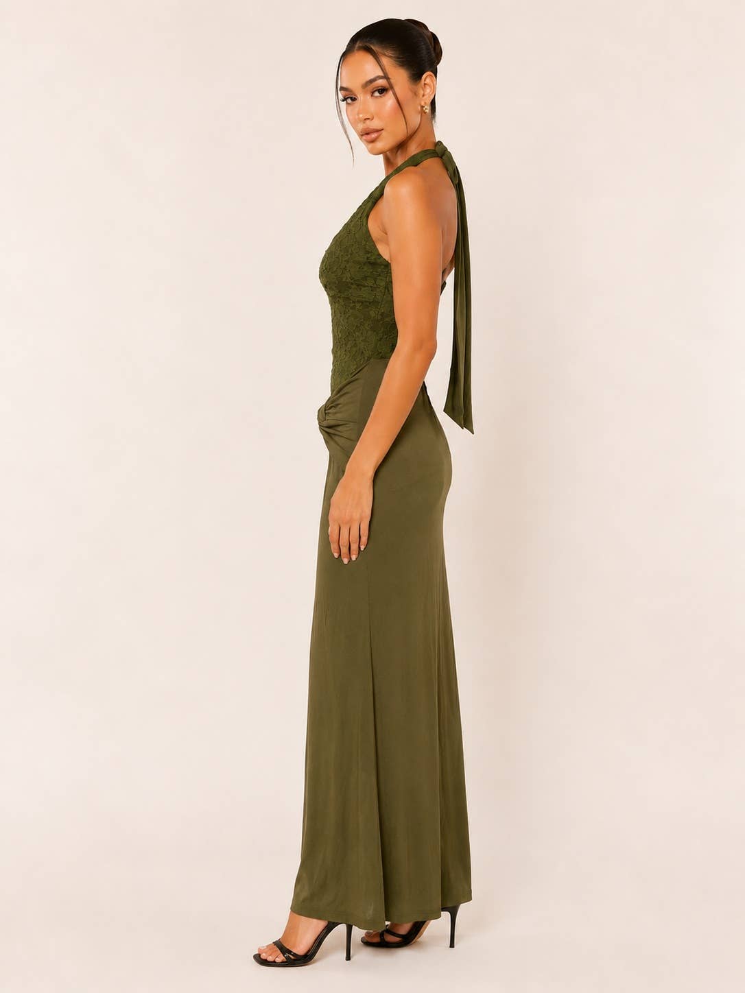 HALTER MAXI DRESS WITH CONTRAST LACE TOP