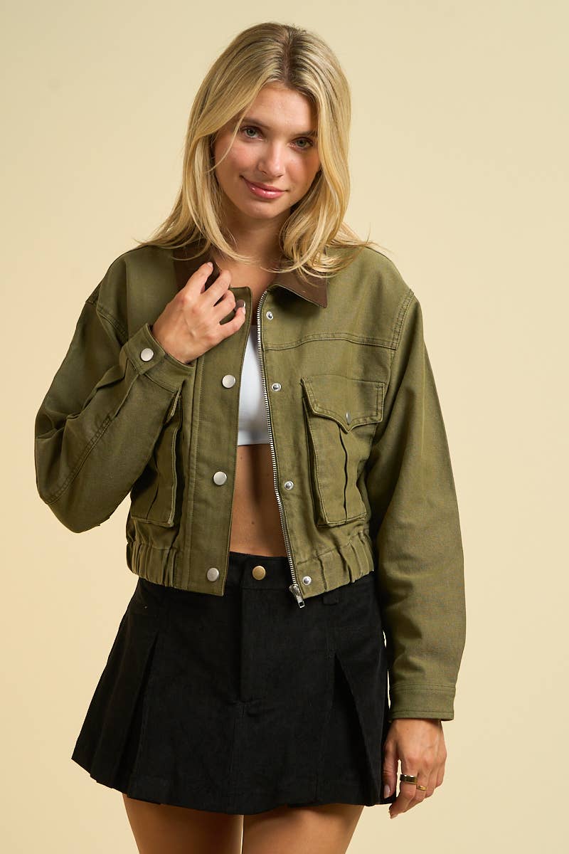 2757-Cropped Utility Jacket with Contrast Collar