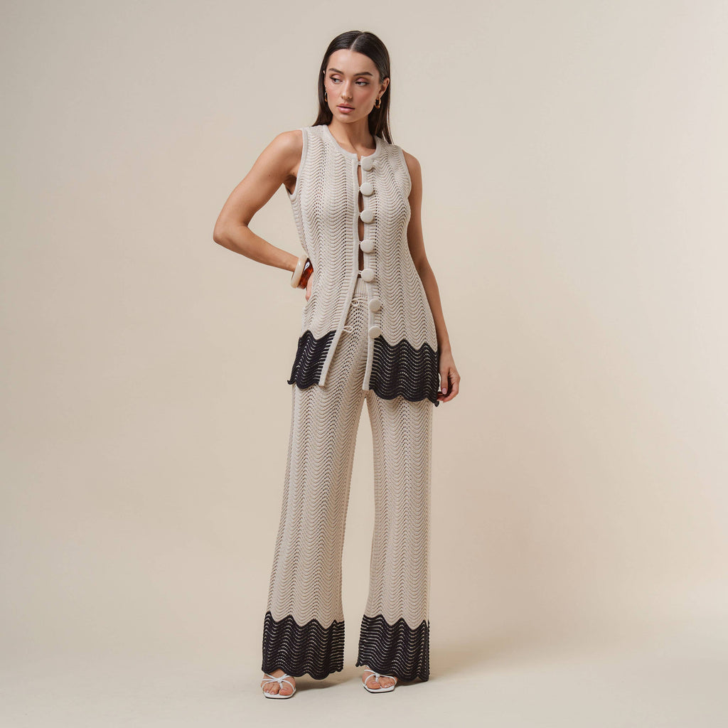 AS3390 Colorblock Button knit top & pants set
