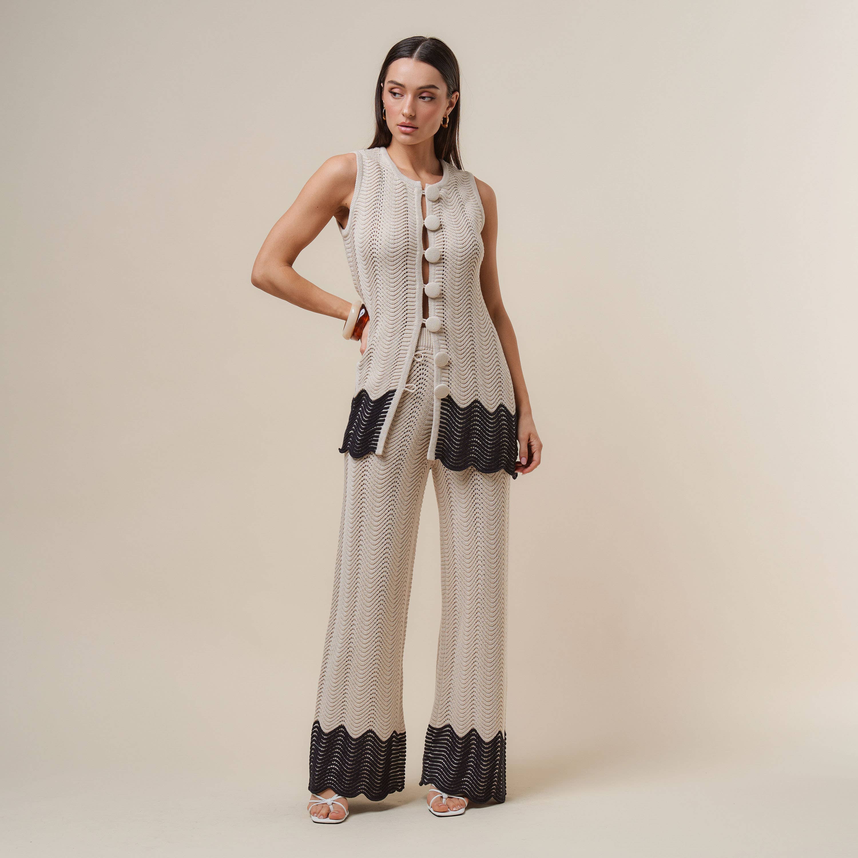 AS3390 Colorblock Button knit top & pants set