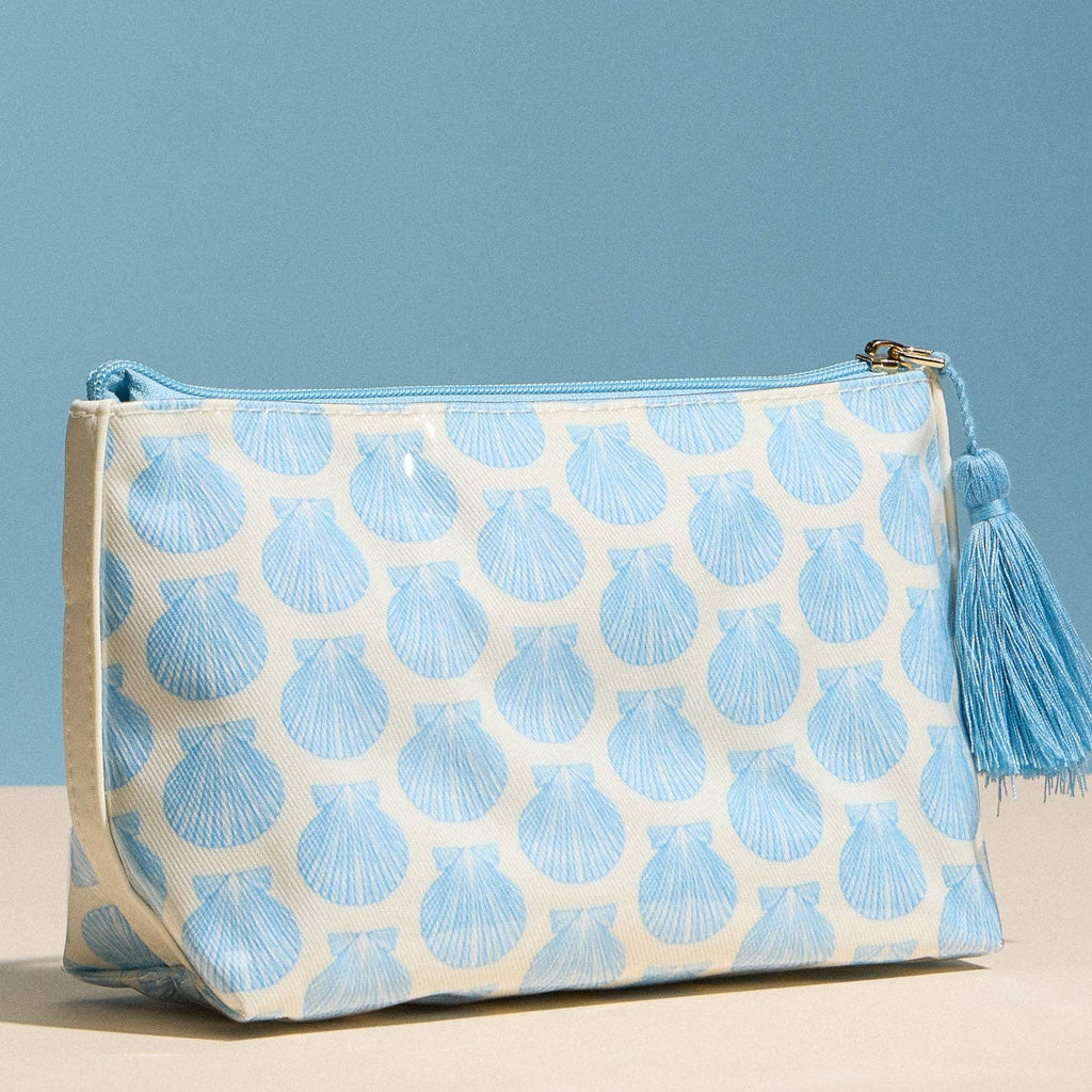 Blue Seashell Print Cosmetic Pouch | Zipper Makeup Bag with Tassel