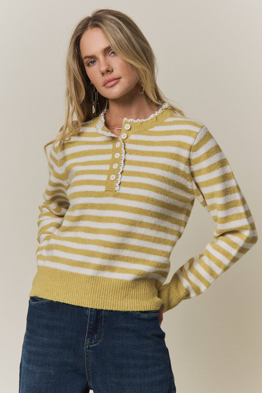 STRIPED KNIT HENLEY SWEATER- CESW4380