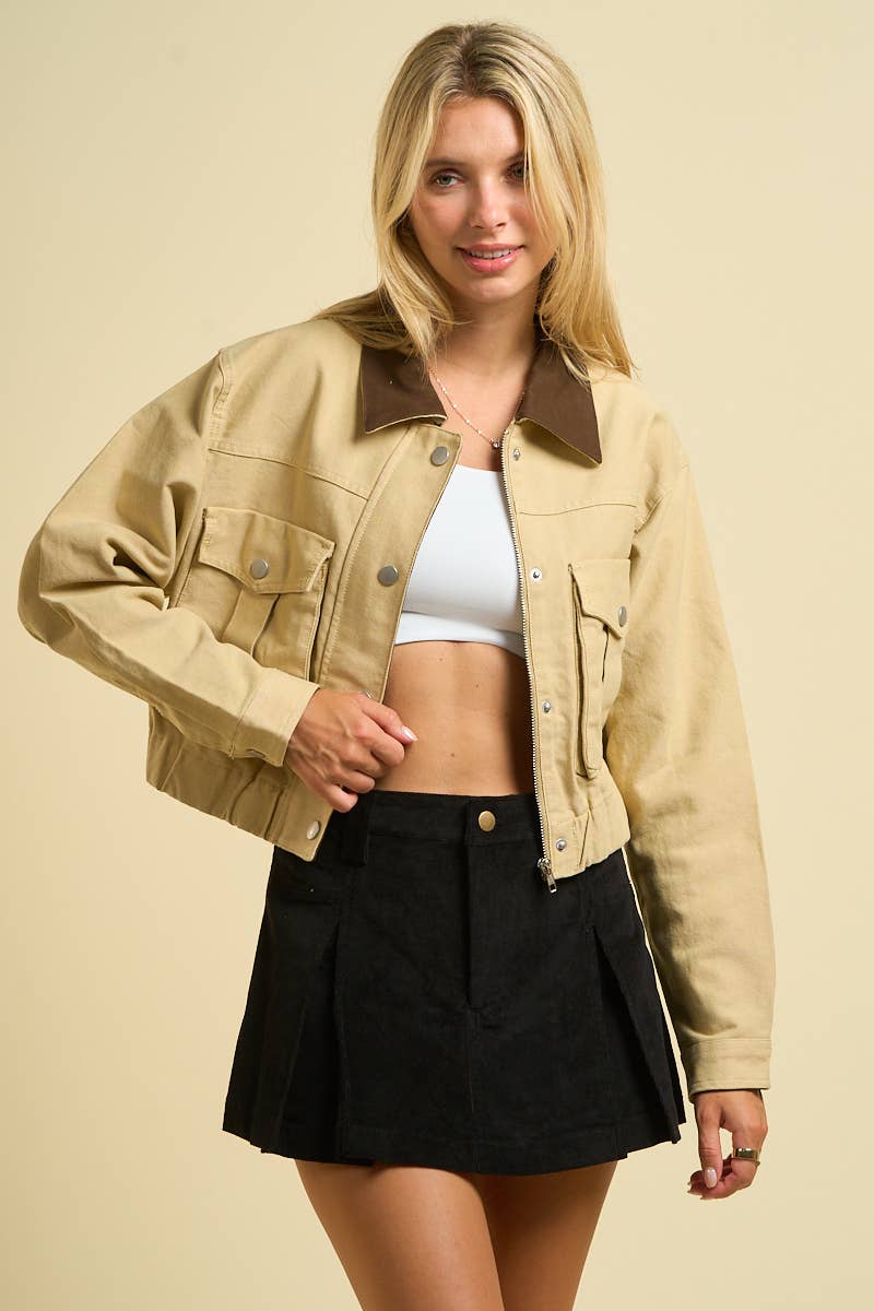 2757-Cropped Utility Jacket with Contrast Collar