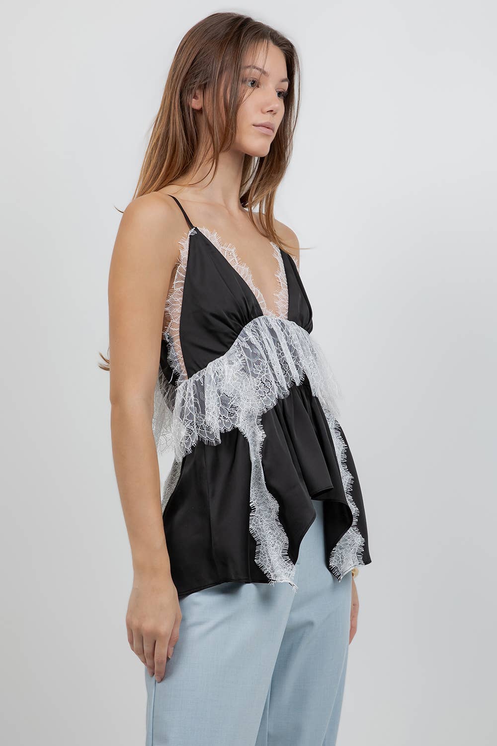 LACE MIXED SATIN CAMI TANK TOP
