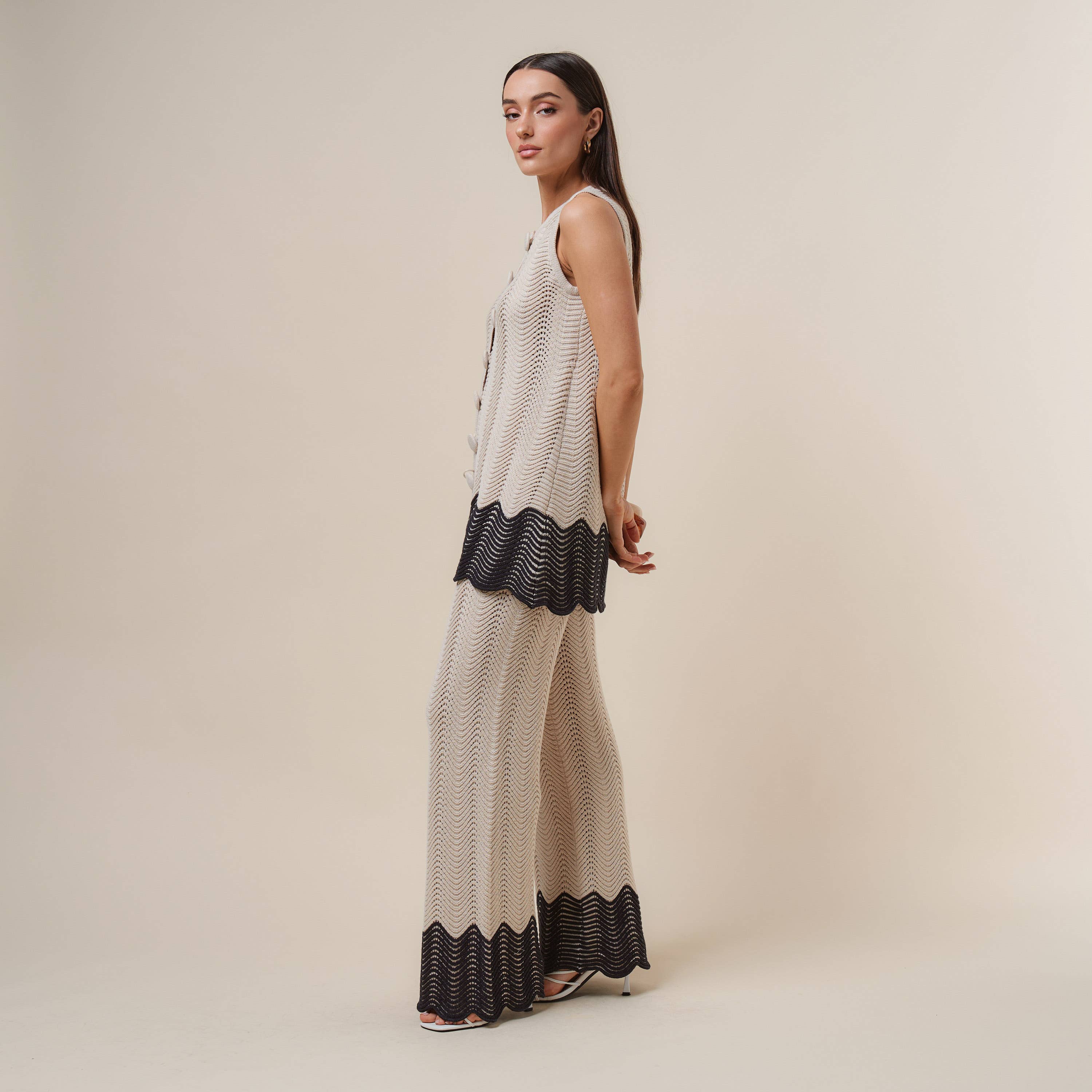 AS3390 Colorblock Button knit top & pants set